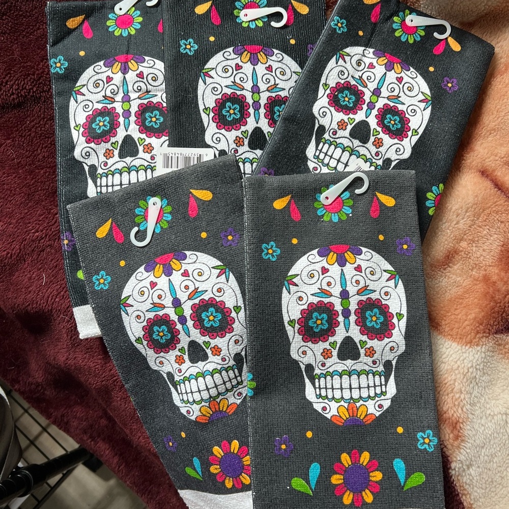 5 nwt sugar skull tea towels.